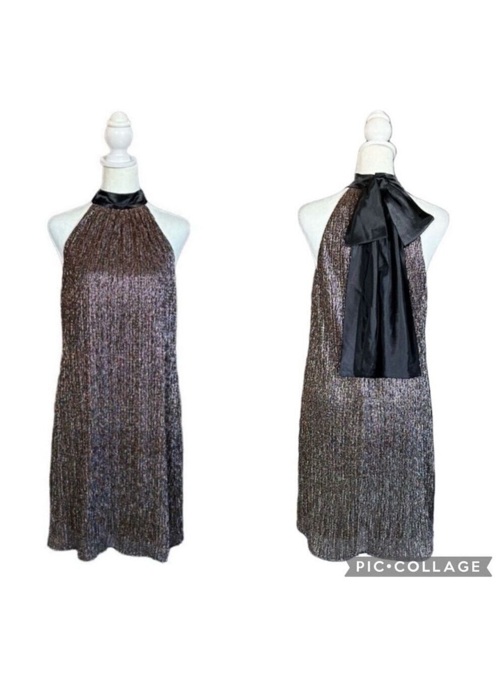 Laundry by Shelli Segal Metalli Gold Shimmer & Black Satin Bow Halter Mini DSz 6